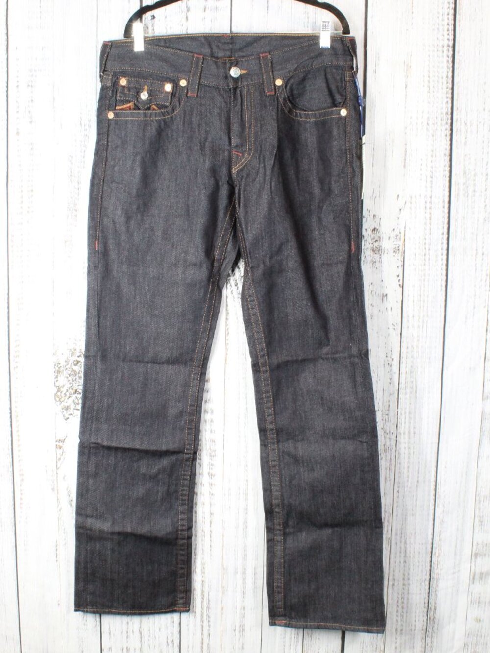 NWT True Religion Straight Leg Flap Jeans Sunset Logo Orange Red Stitch Size 33